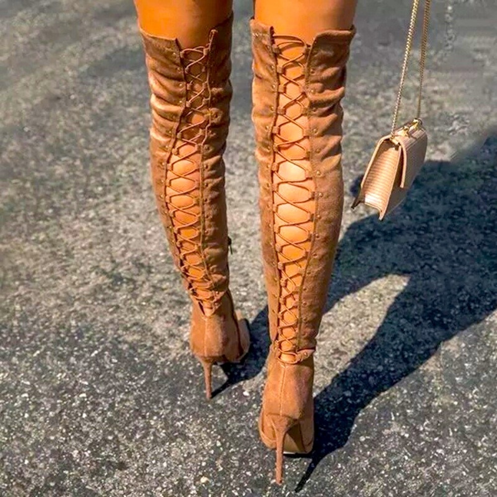 Faux Suede Thigh High Lace Up Boots